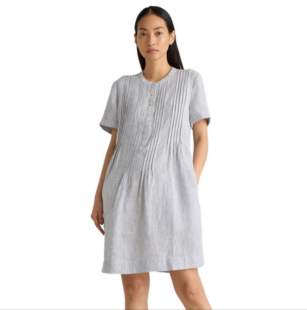 Quince Dress Womens XS White Blue Linen Striped Mini Short Sleeve Swing Pockets